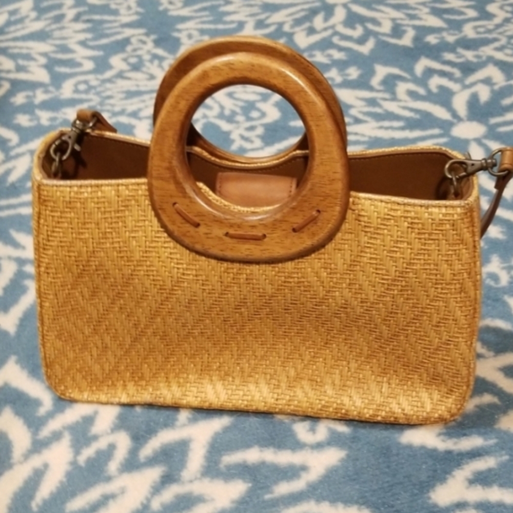 Fossil Straw Satchel with Wooden Circle Handles in Tan - Picture 2 of 8
